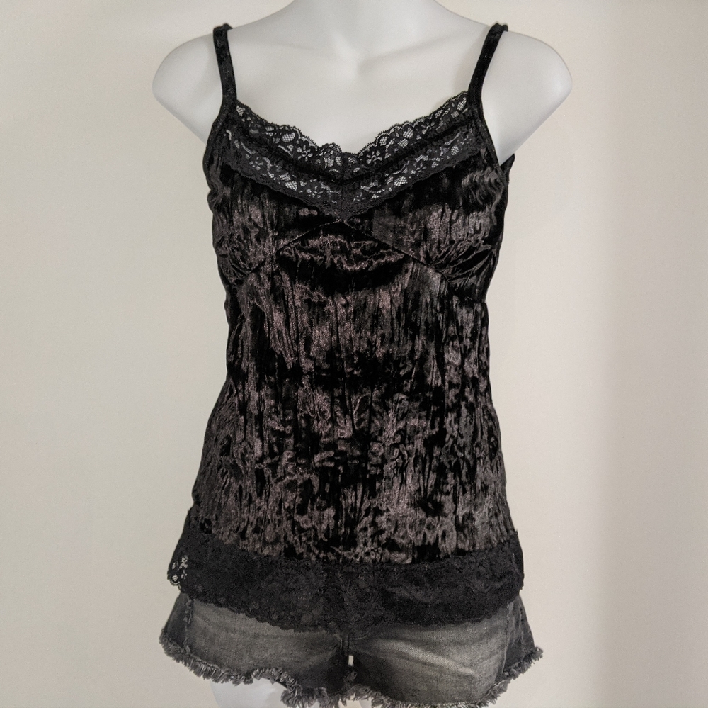 Vintage black lace trim crushed velour cami